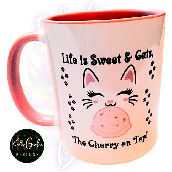 Kr8v Grafix Coffee Tea Cocoa Cats Life is Sweet Quote Ceramic Mug Cup - Picture 2 of 13